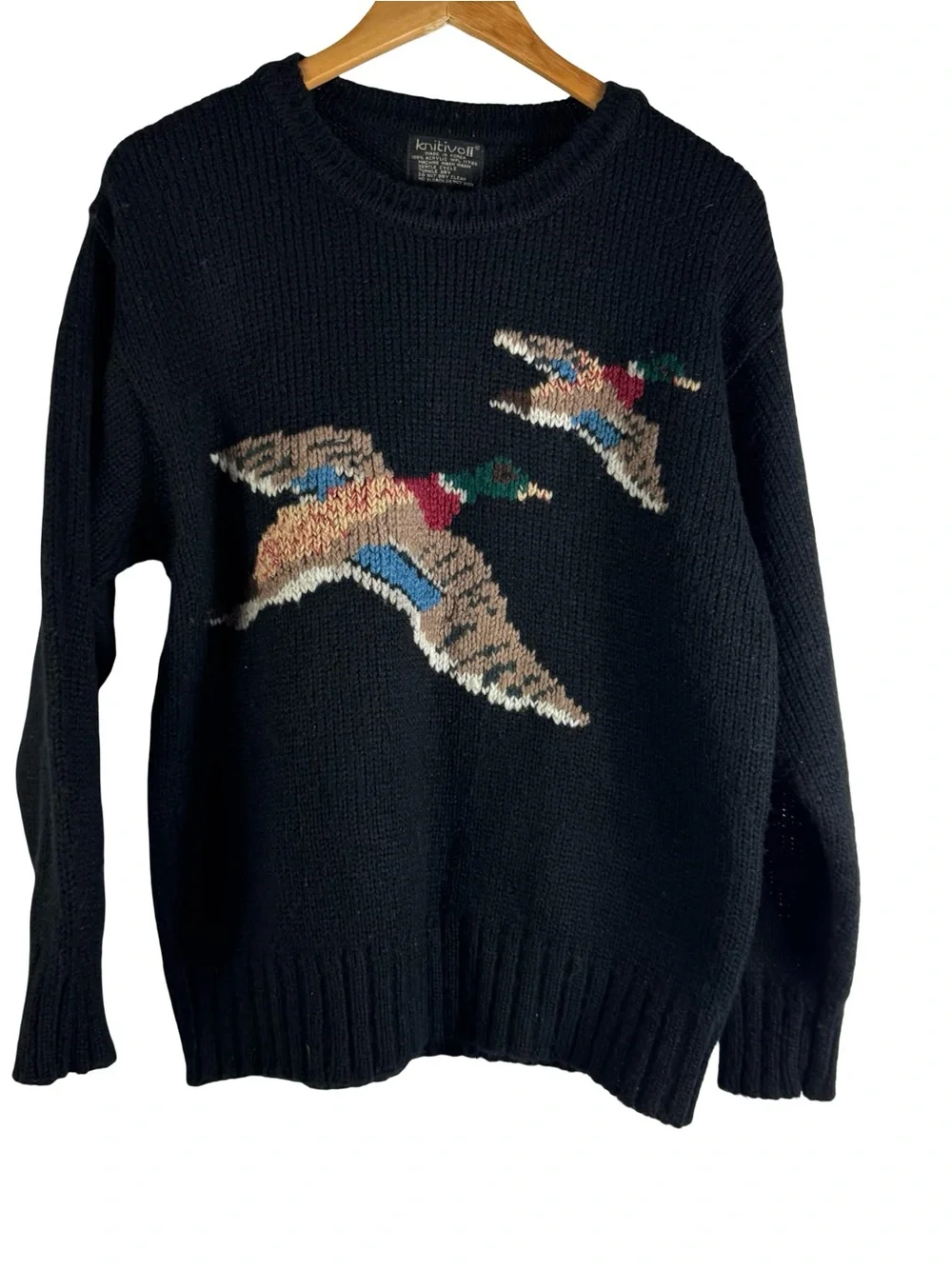 Vintage 80s Flying Mallard Ducks Knit Black Sweater Ralph Lauren Inspired Sz 44